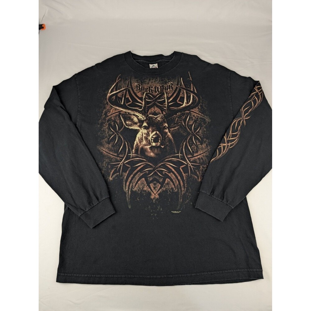 Men's XL Buck Wear Graphic Tee Black Long Sleeve Deer Tribal Hunting T-Shirt